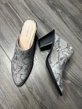 Tahari Gray Snake-Print Slip-On Mules